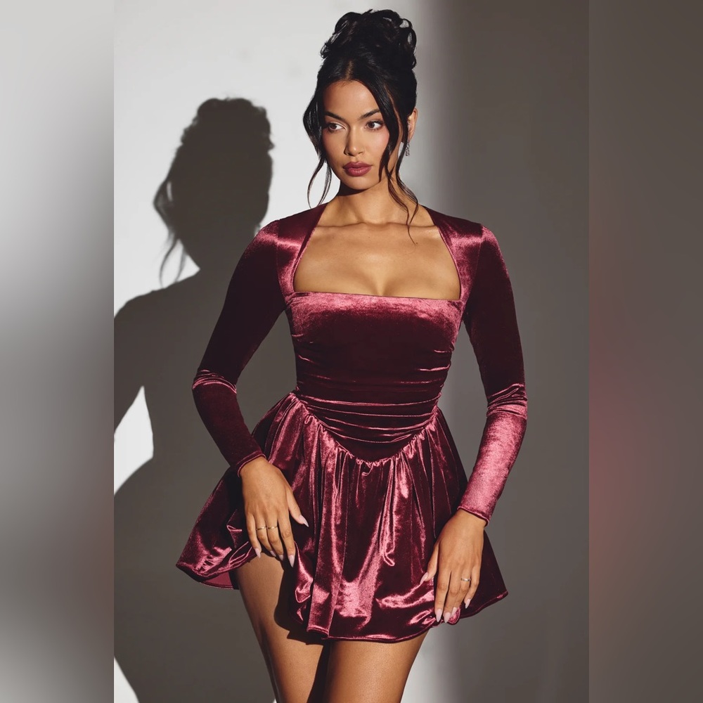 Oh Polly Velvet Long Sleeve Corset Mini Dress (12UK, Wine)